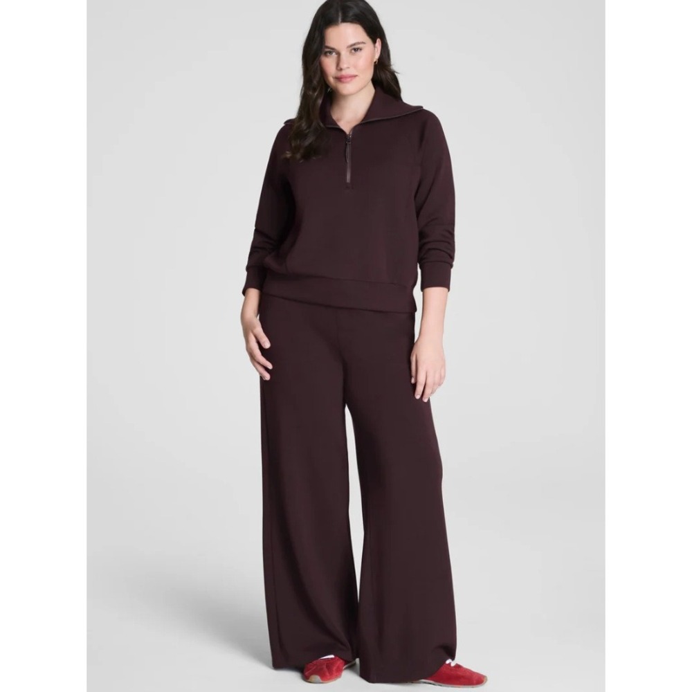 Spanx AirEssentials Half Zip Sweatshirt & Wide Leg Pant Set Brown Small Petite